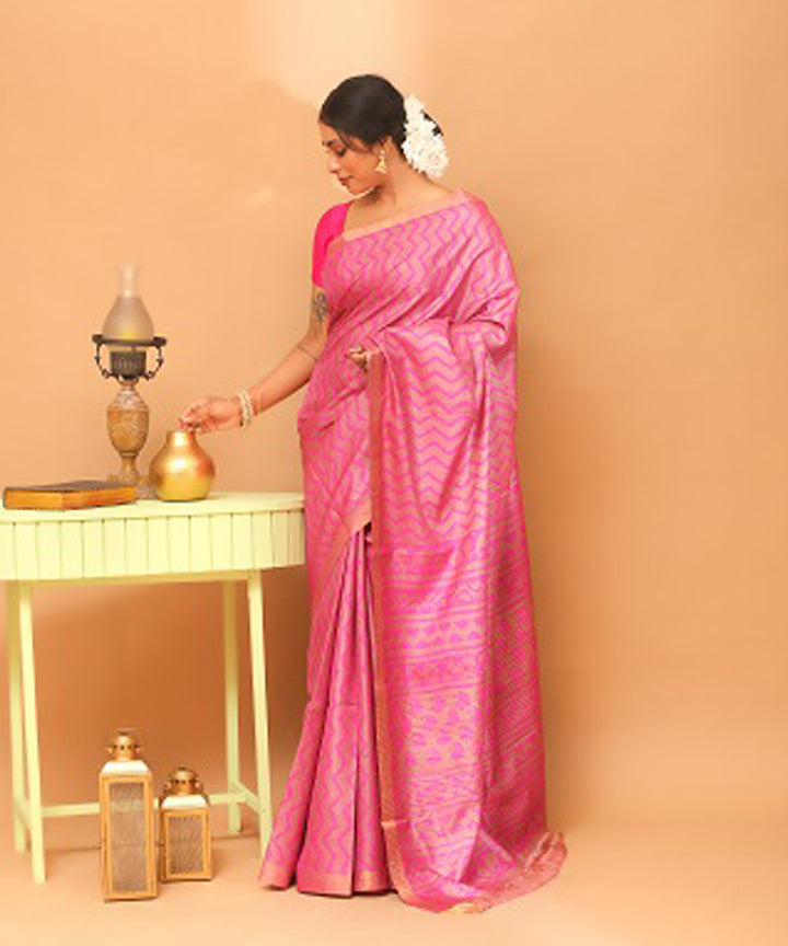 Light pink chhattisgarh handloom dabu printed tussar silk saree