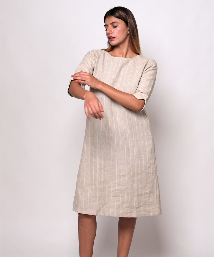Beige stripes checks handwoven linen dress