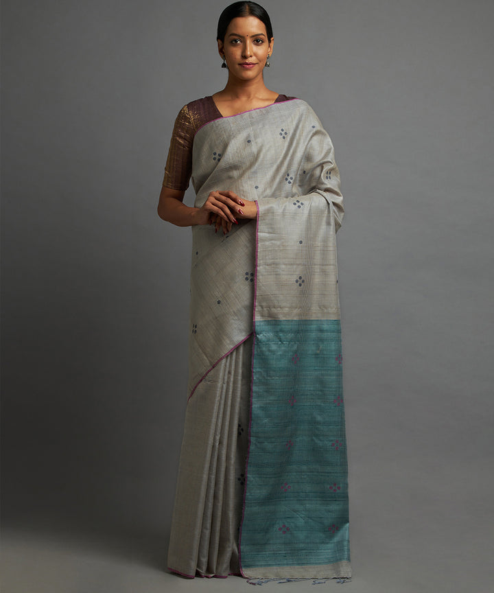 Dusky blue grey kosa handloom chhattisgarh silk saree