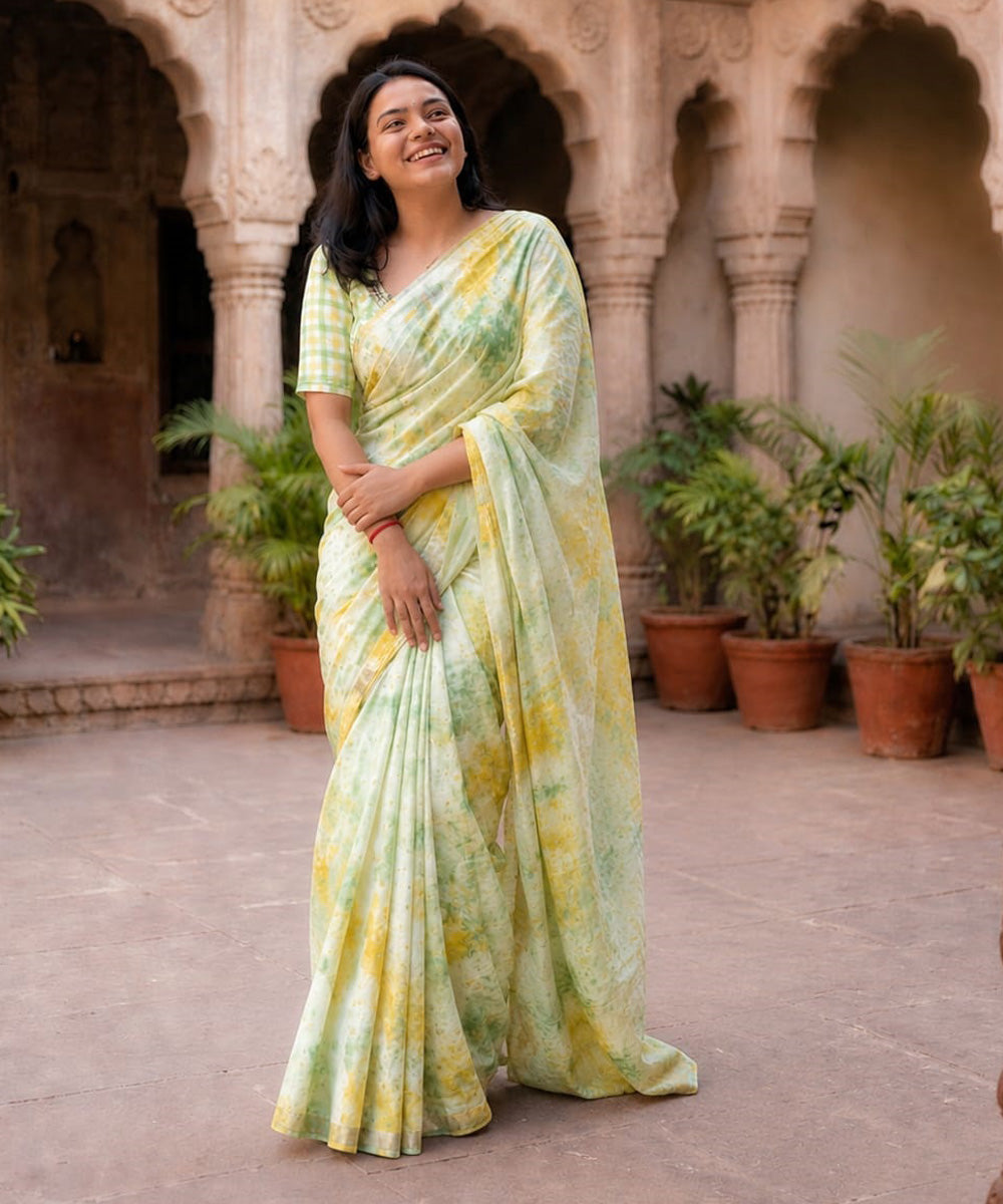 Lime green yellow chanderi silk tie-dye saree