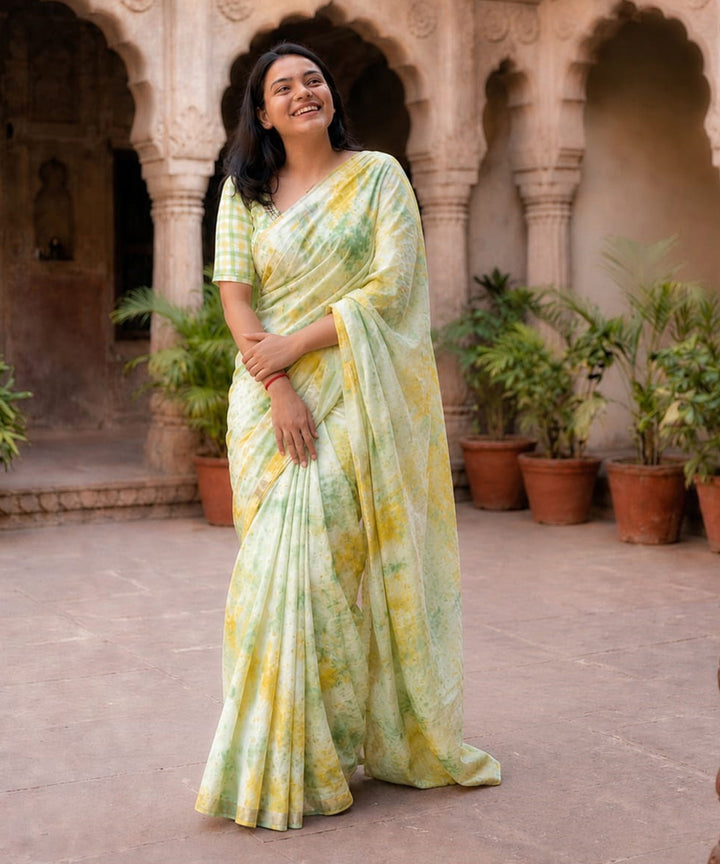 Lime green yellow chanderi silk tie-dye saree