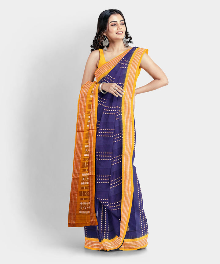 Navy blue yellow cotton handwoven bomkai saree