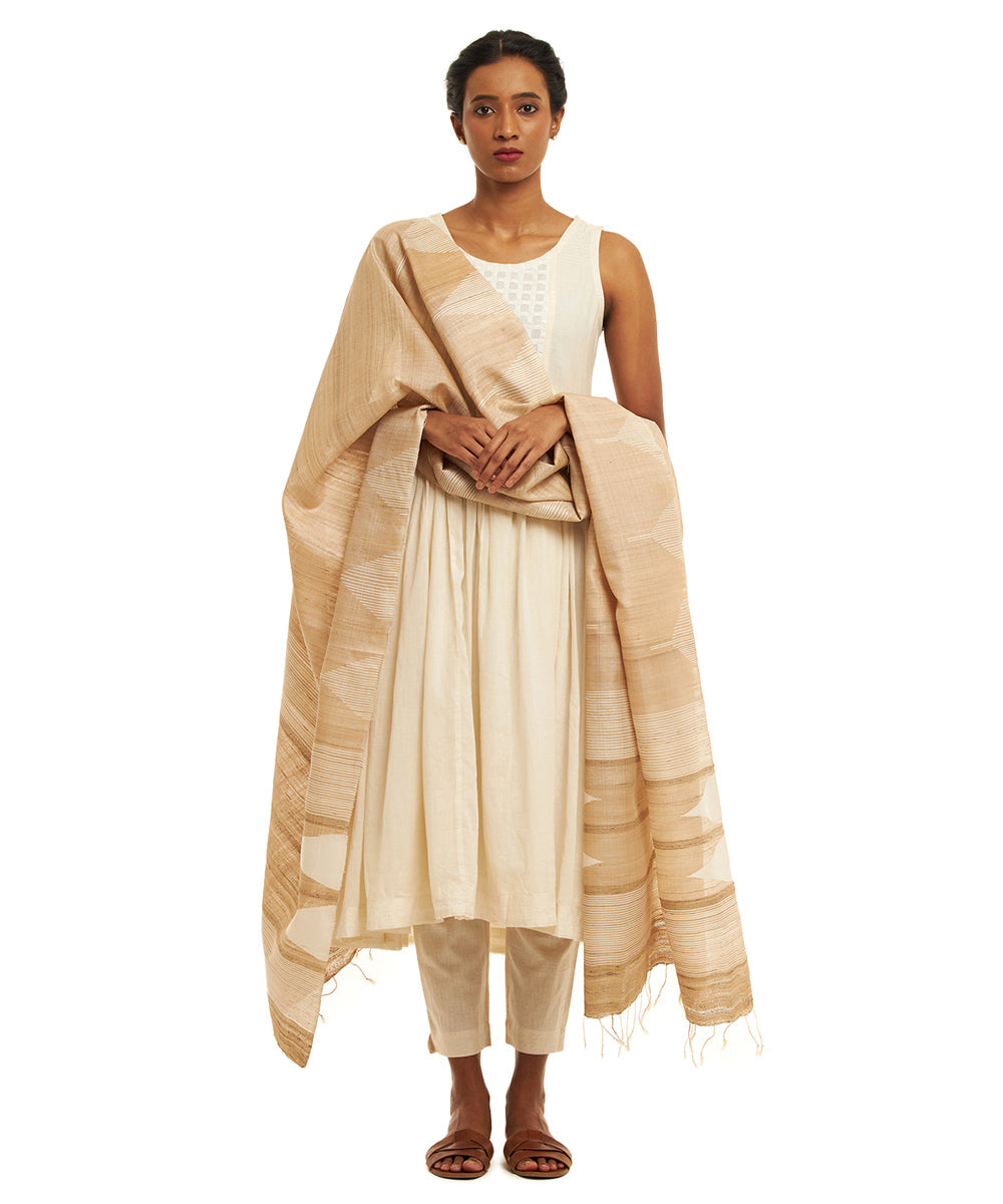 Beige offwhite temple motifs handwoven kosa silk dupatta