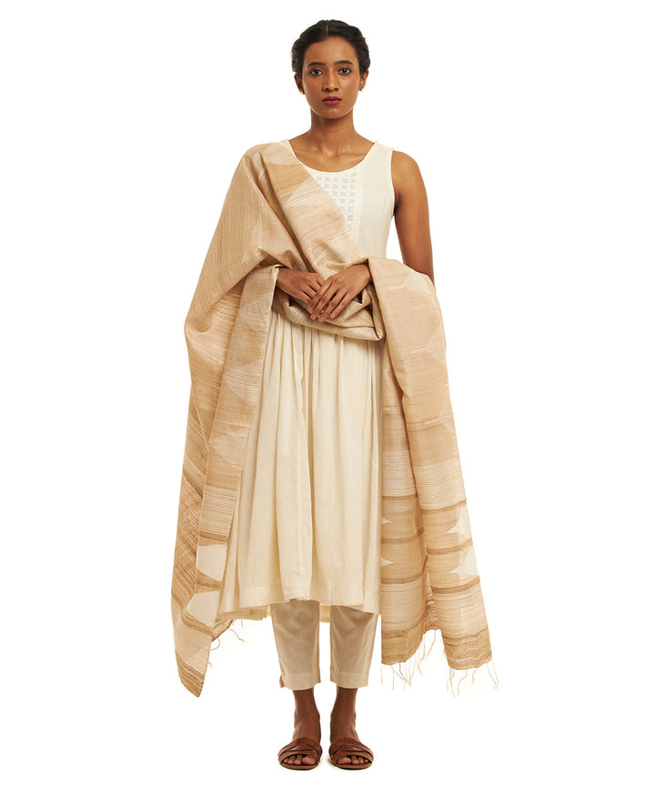 Beige offwhite temple motifs handwoven kosa silk dupatta