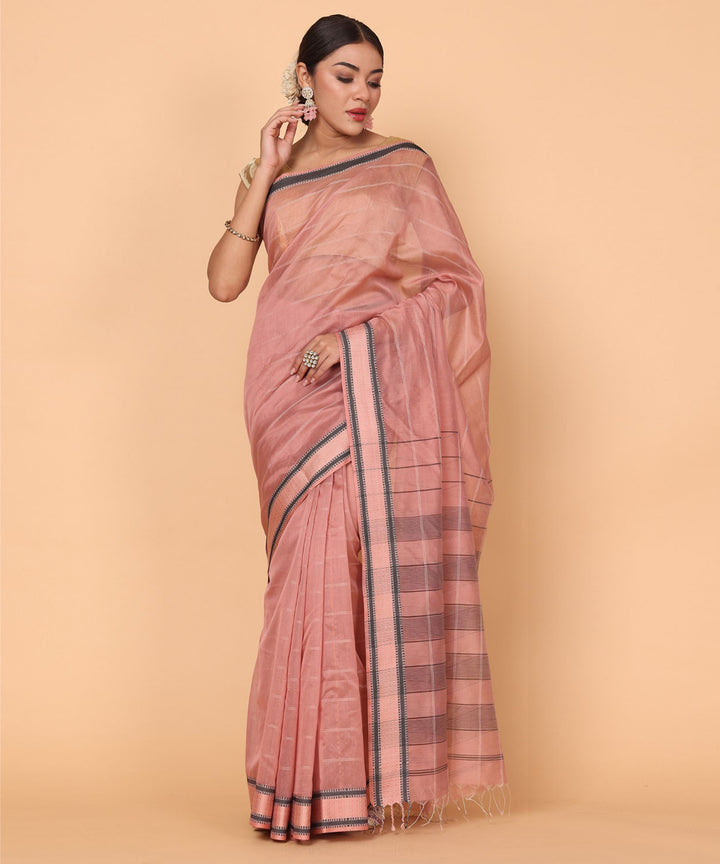 Rose pink black cotton silk handloom maheshwari saree