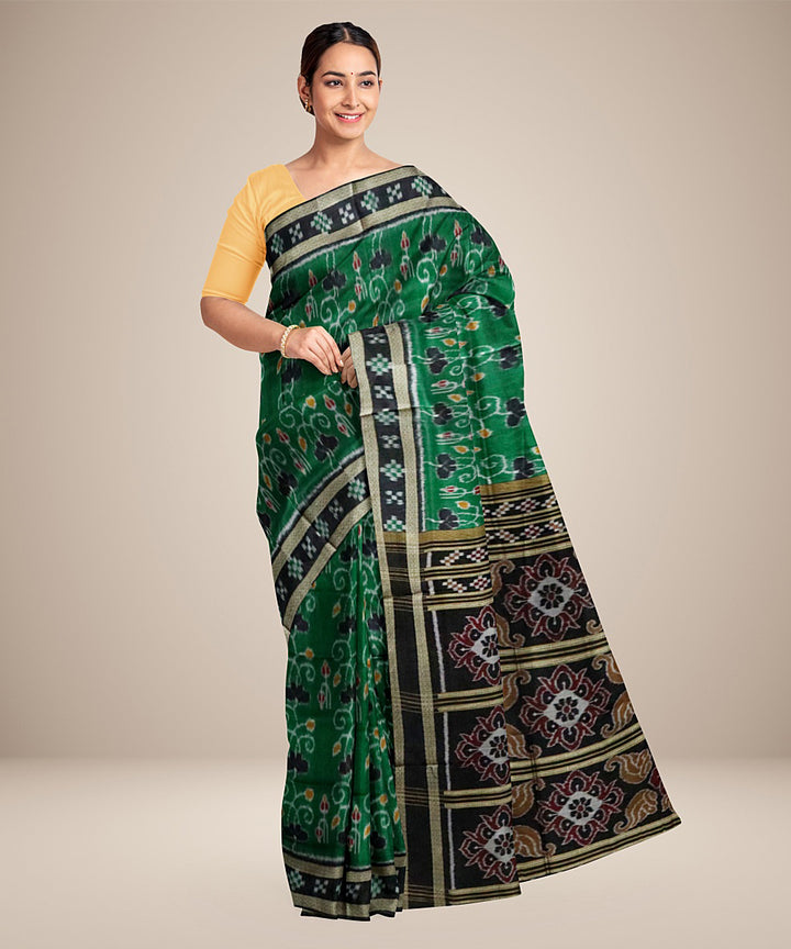 Dark green black silk handwoven nature inspired khandua saree