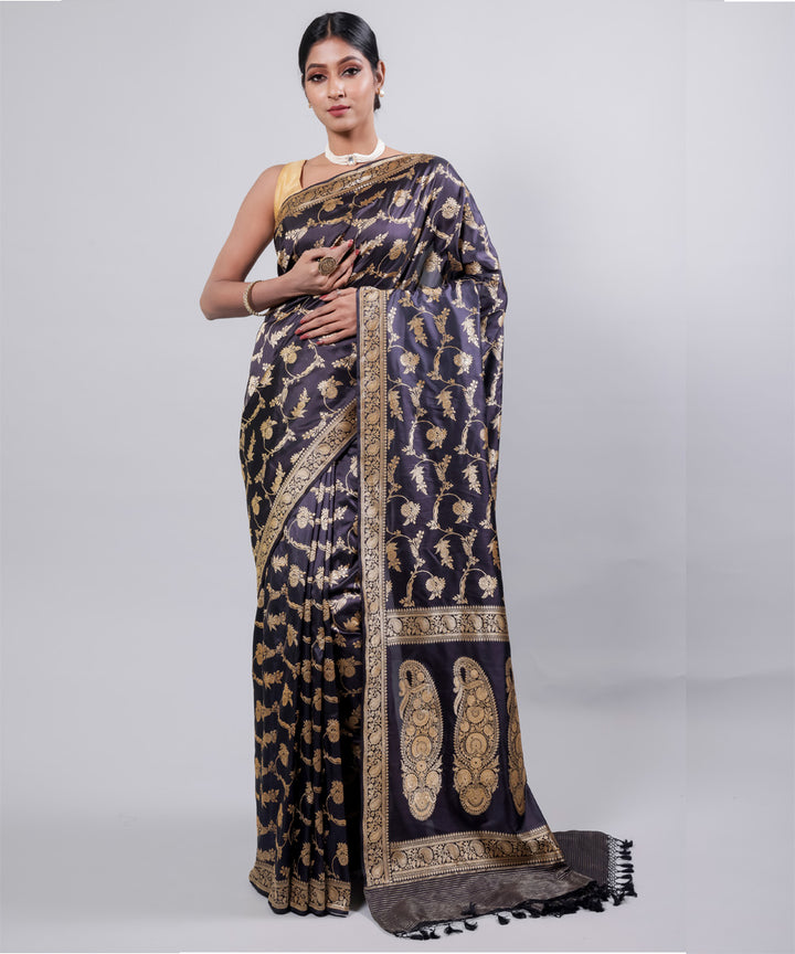 Black jangla handwoven banarasi silk saree