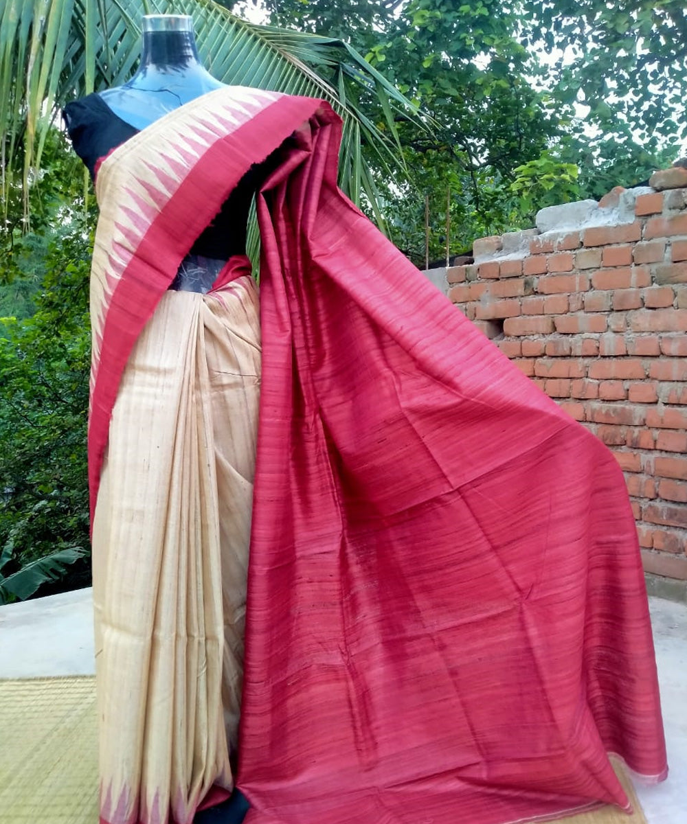 Cream red silk handloom gopalpur saree