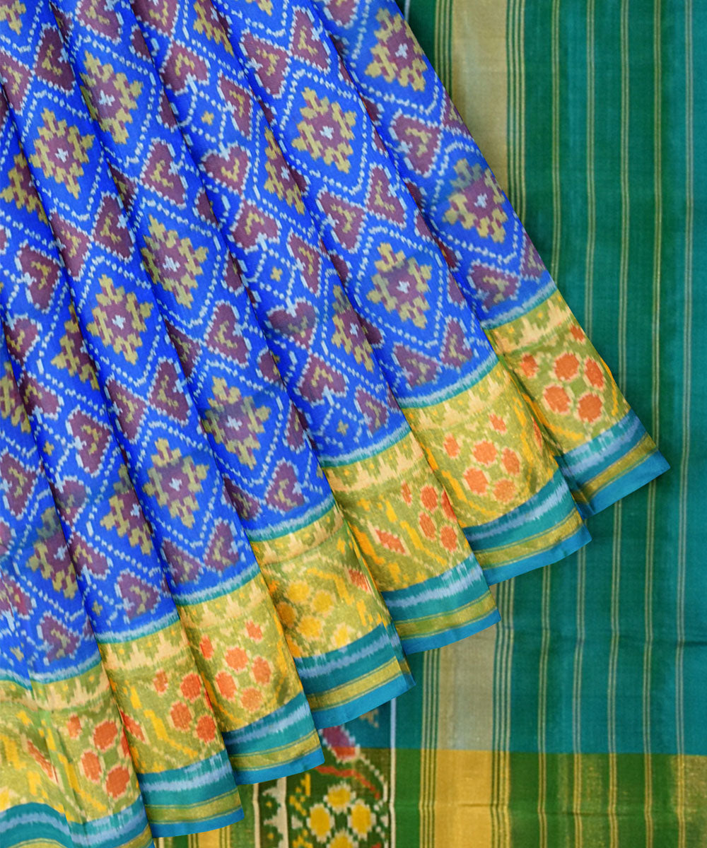 Cyan blue green silk handloom patola saree