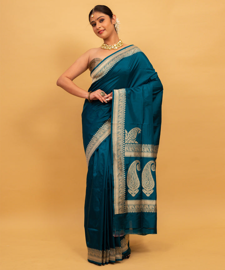 Teal green plain silk handwoven banarasi saree