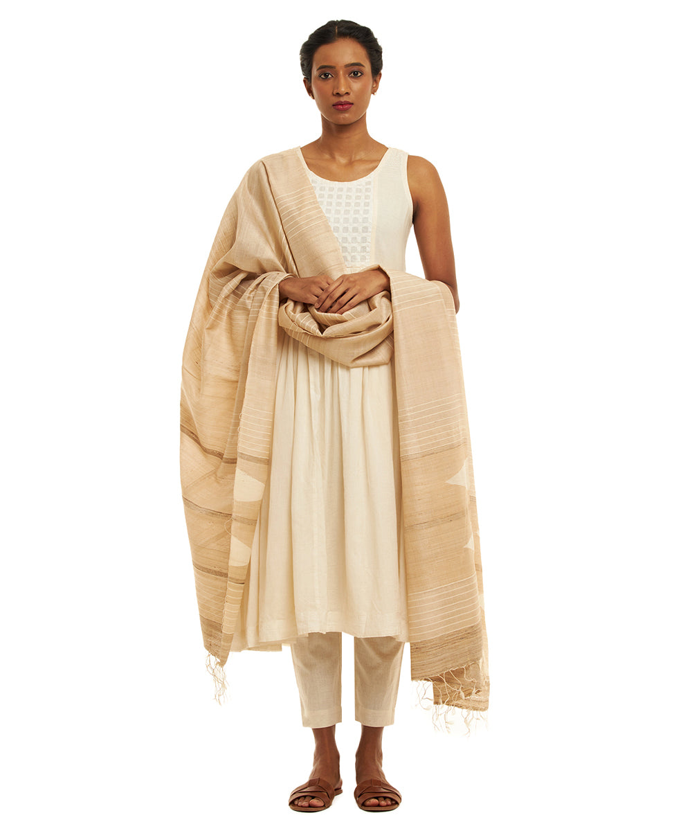 Beige offwhite striped handwoven kosa silk dupatta