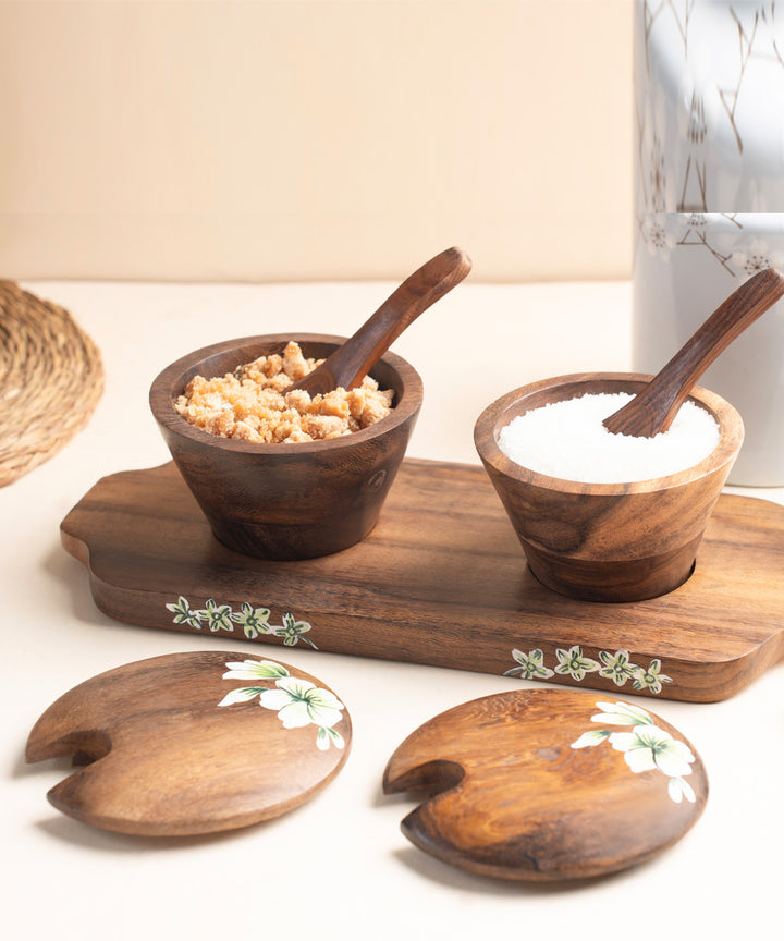 Hand-painted mango wood multipurpose jar set with tray spoons