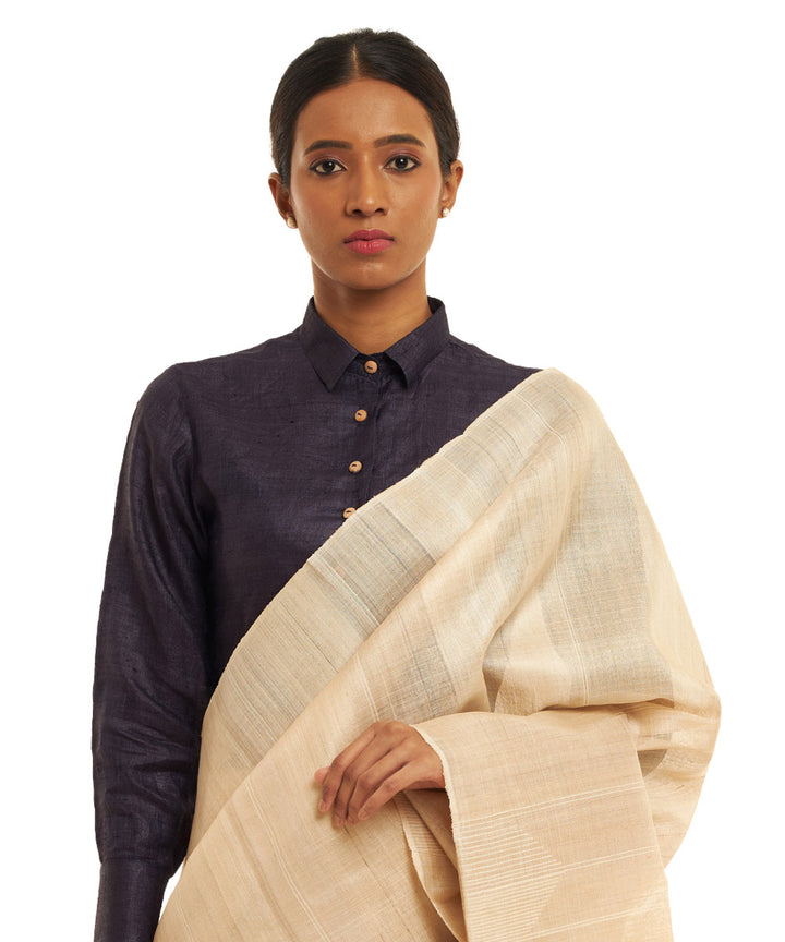 Handwoven beige kosa silk saree with white temple border