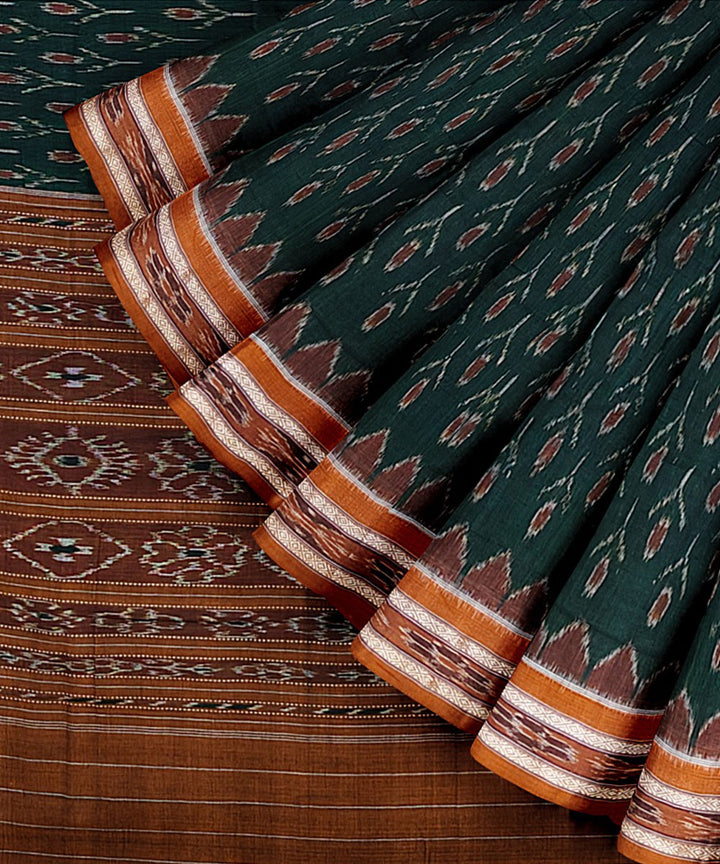 Dark green brown cotton handwoven nuapatna saree