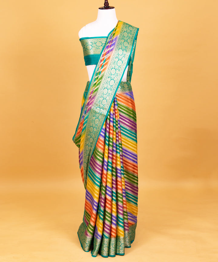 Multicolor diagonal stripe silk handwoven banarasi saree