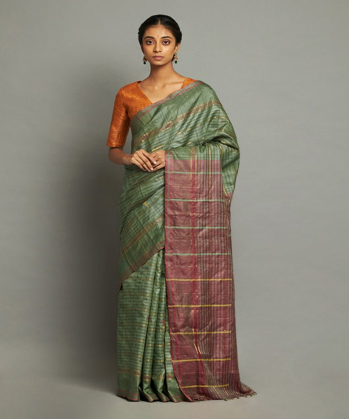 Olive green tussar silk hand woven chhattisgarh kosa saree