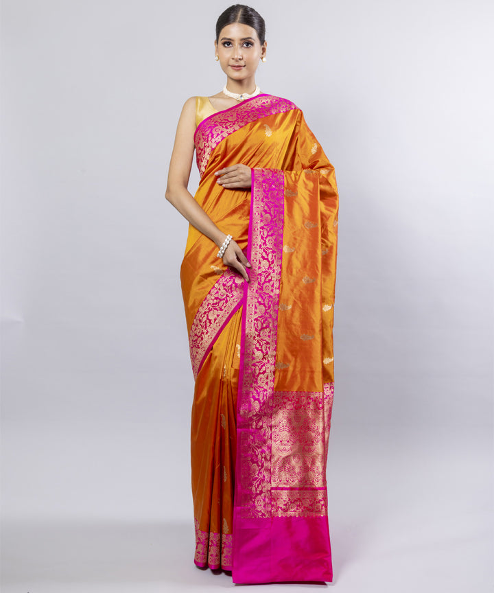 Mustard pink border silk handwoven banarasi saree