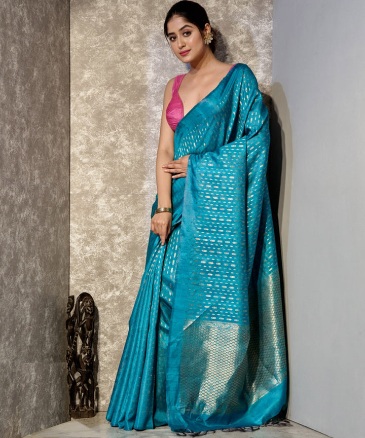 Cyan blue handwoven tussar silk chhatisgarh saree