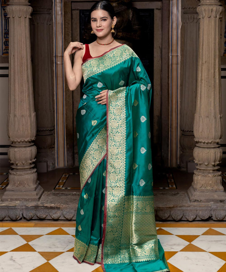 Dark green booti silk handwoven banarasi saree