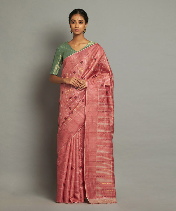 Coral tussar silk handwoven chhattisgarh kosa saree