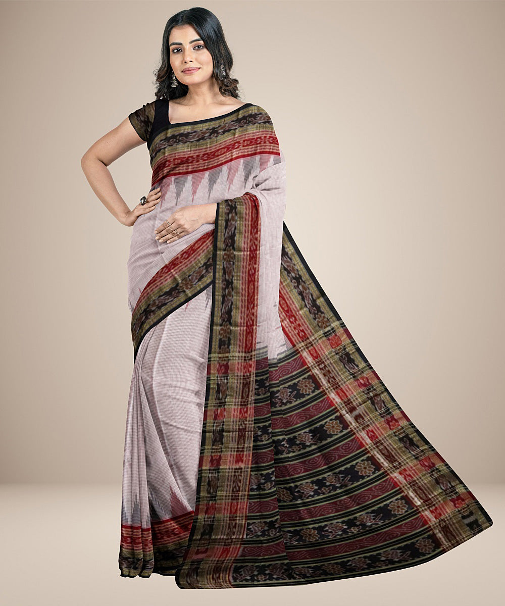 Light pink cotton checks handwoven temple border nuapatna saree