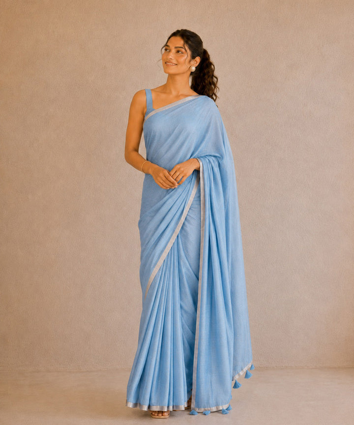 Cyan blue hand embroidered chanderi silk saree