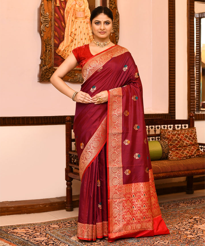 Maroon silk handwoven banarasi saree