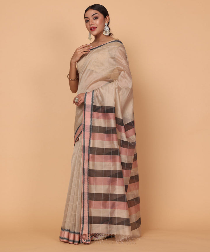 Pinkish grey striped cotton silk handloom maheshwari saree