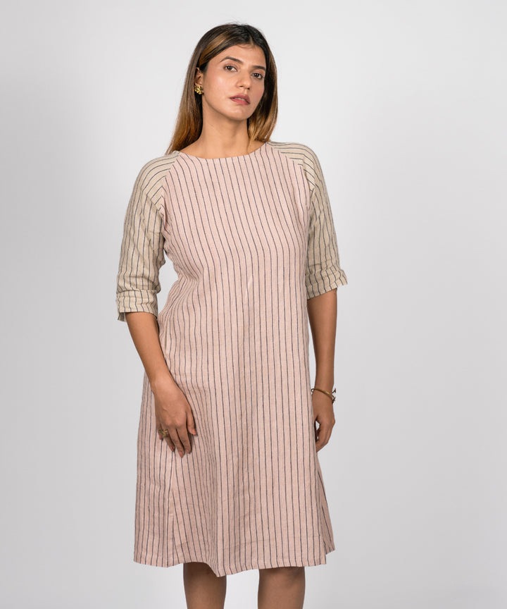 Beige and pink stripes handwoven linen dress