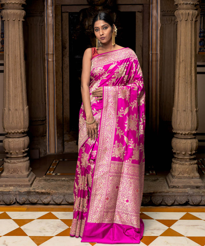 Rani pink jangla handwoven silk banarasi saree