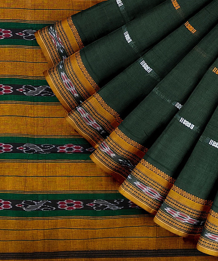 Dark green yellow cotton handwoven nuapatna saree