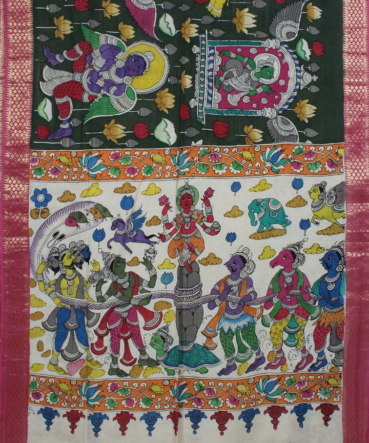 Offwhite multicolour cotton silk hand painted kalamkari saree