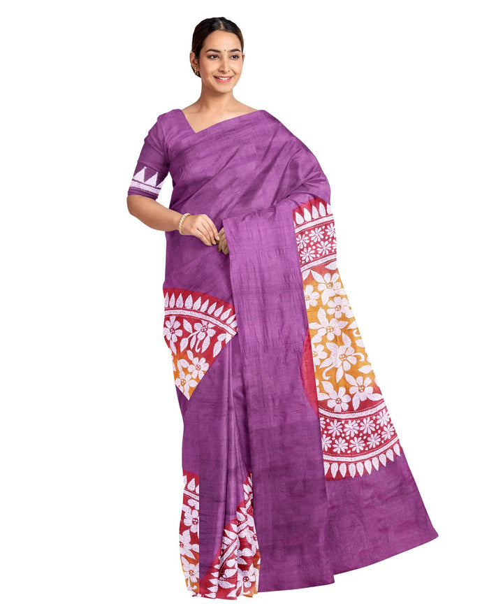 Purple silk handwoven kantha stitch saree