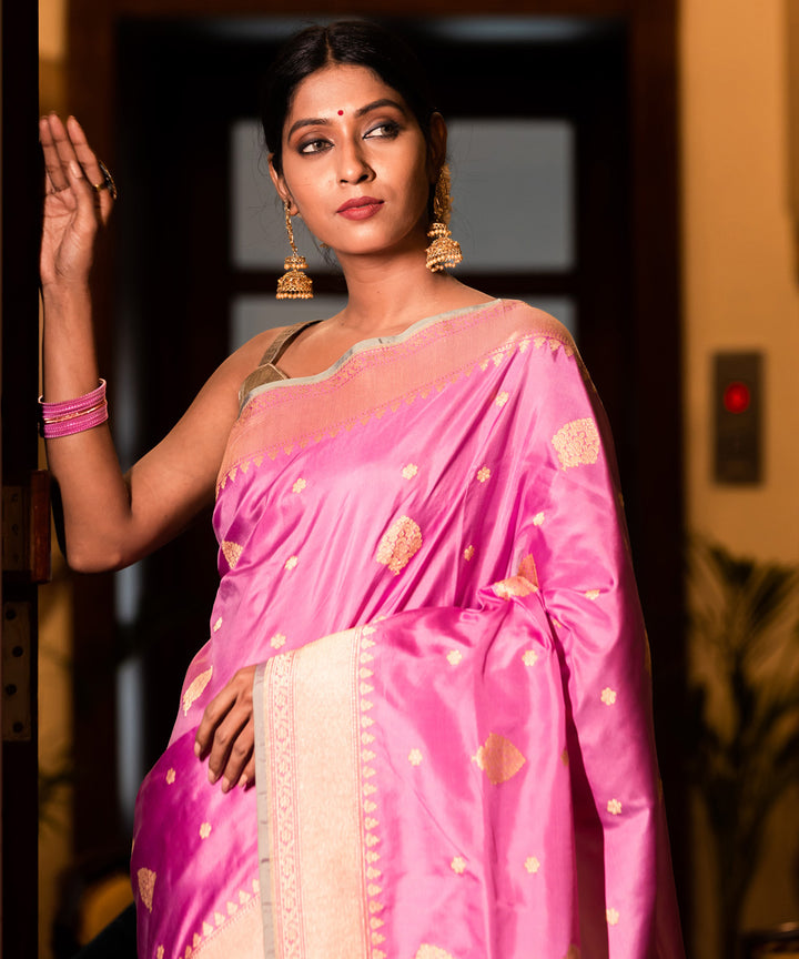 Pink handwoven traditional banarasi silk saree