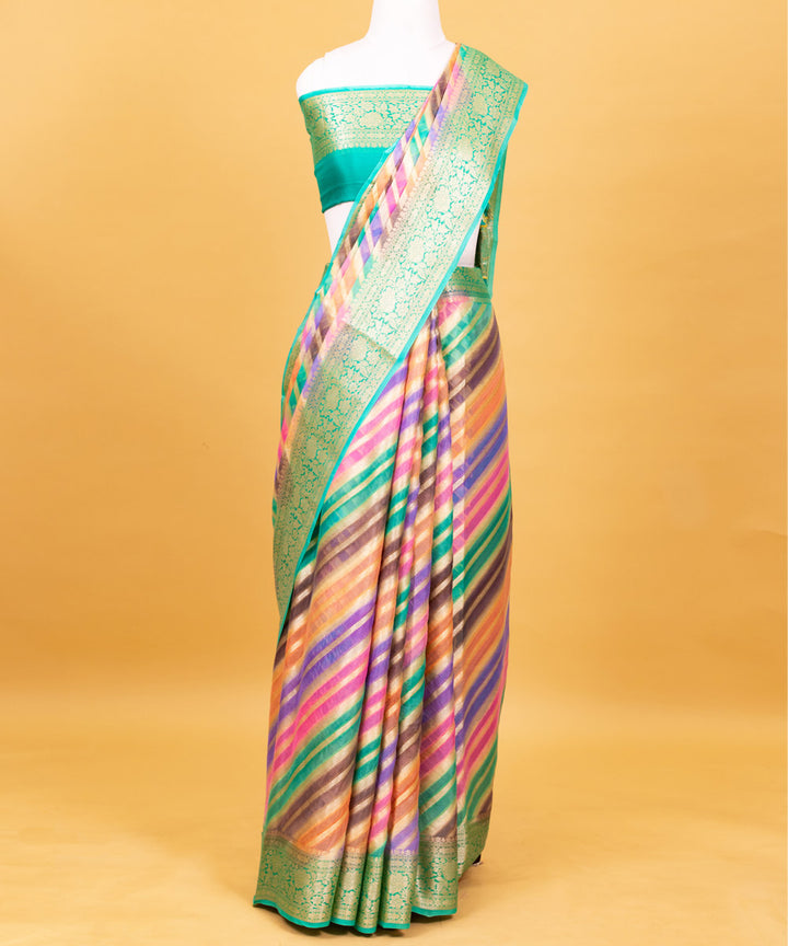 Light green diagonal stripe silk handwoven banarasi saree