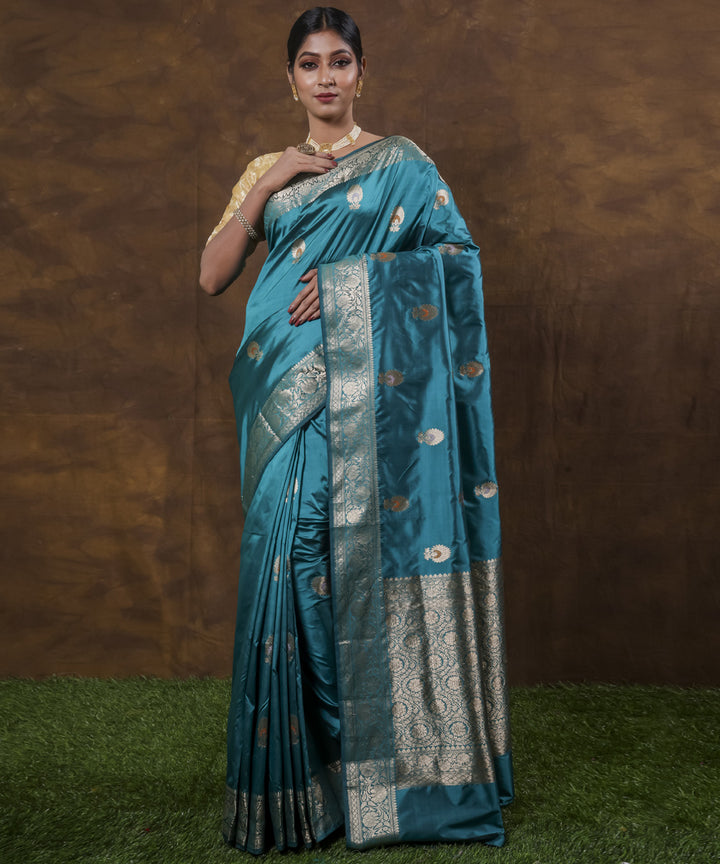 Cyan blue handwoven banarasi silk saree