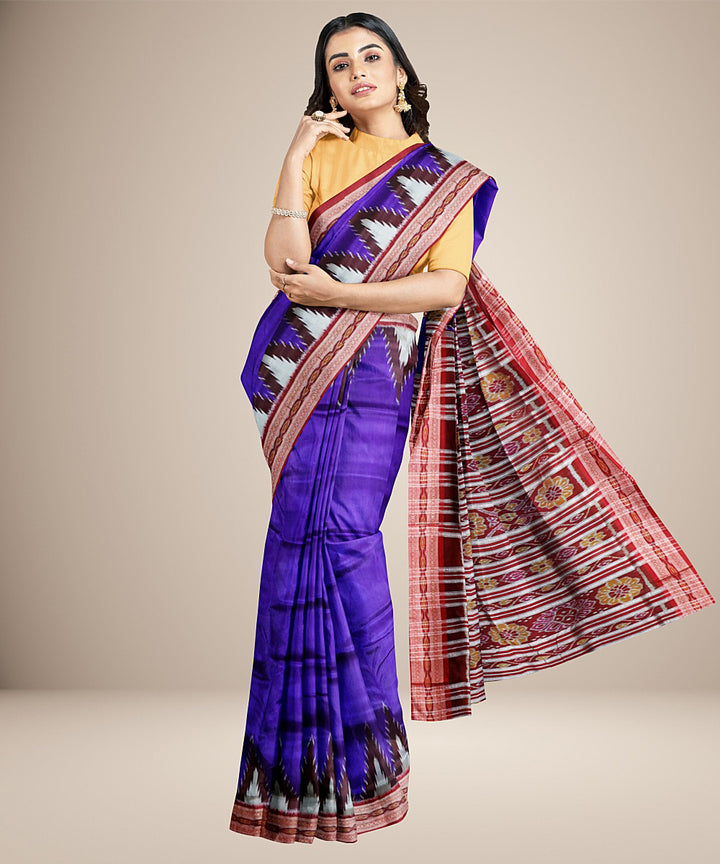 Navy blue red silk handwoven khandua saree