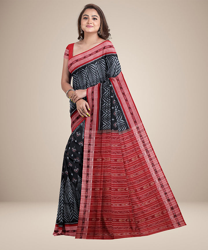 Black auburn red cotton handwoven sambalpuri saree