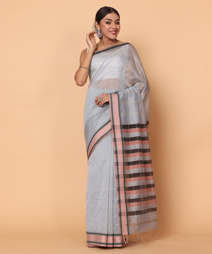 Grey cotton silk maheshwari handloom saree