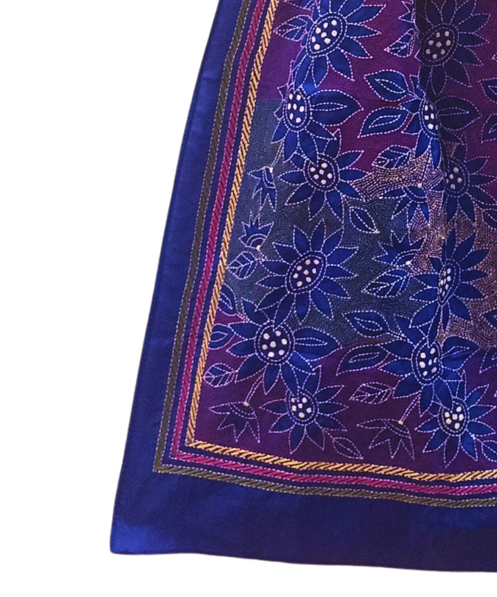 Navy blue multicolor thread kantha stitched handwoven silk stole