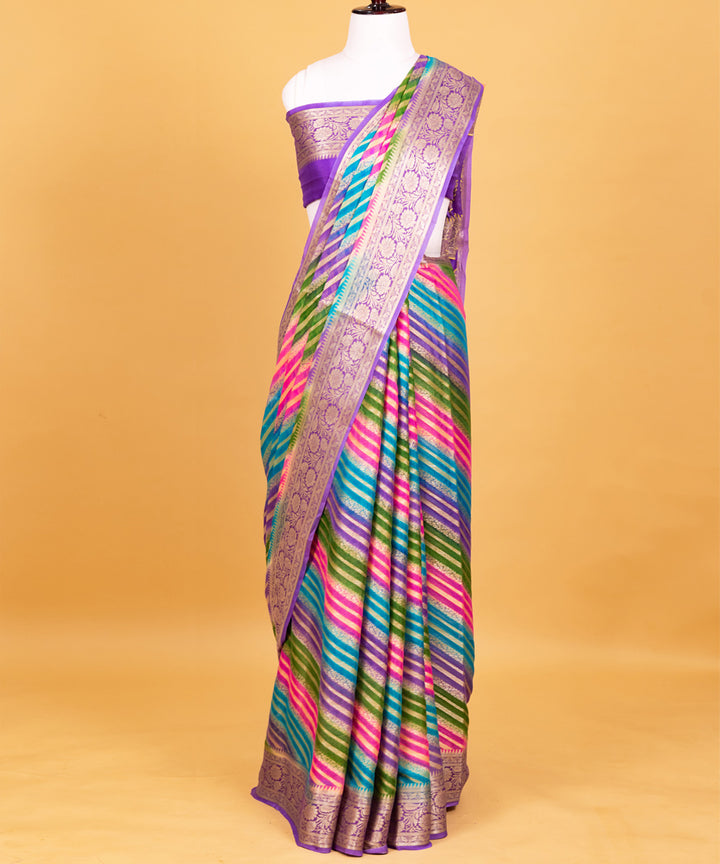 Multicolor diagonal handwoven stripe banarasi silk saree