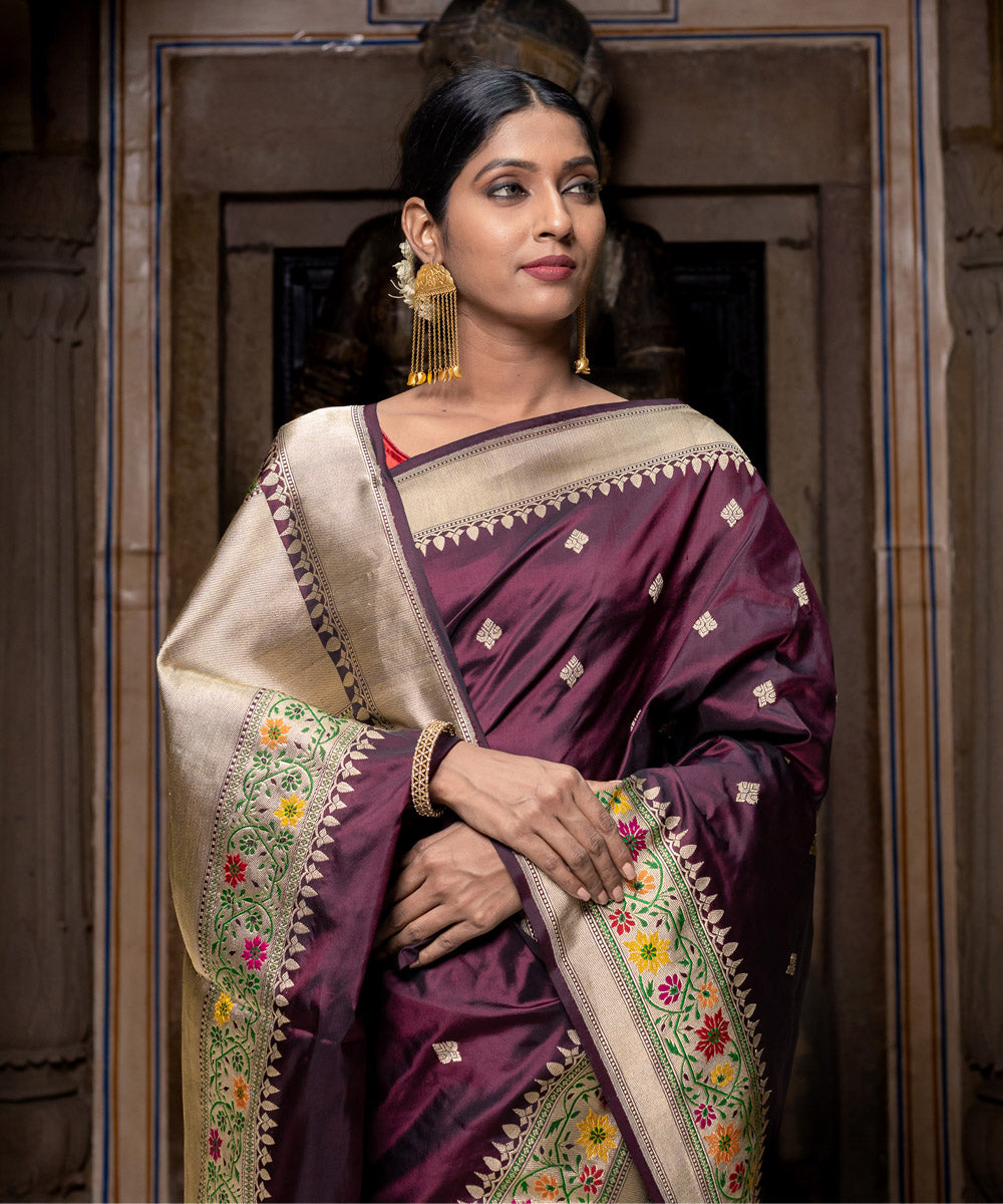 Dark coffee handwoven banarasi silk saree