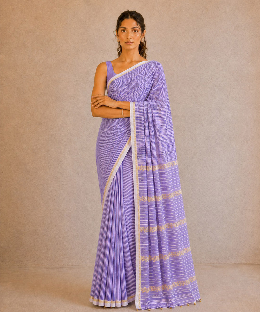 Lavender golden hand embroidered chanderi silk saree