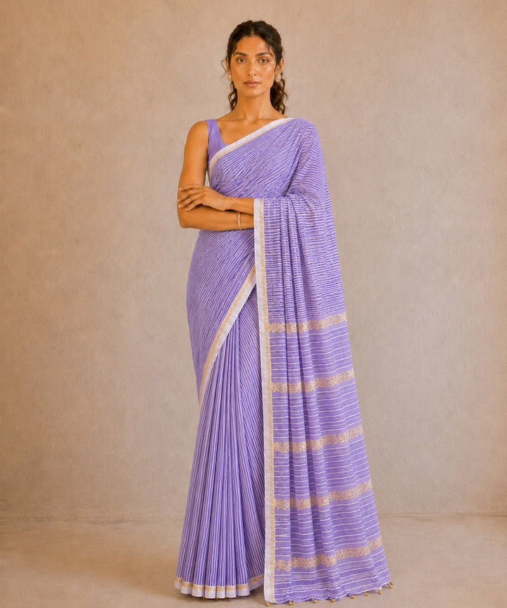 Lavender golden hand embroidered chanderi silk saree