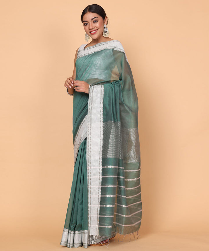 Green offwhite cotton silk handloom maheshwari saree