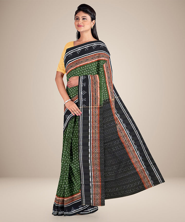 Olive green black cotton handwoven nuapatna saree