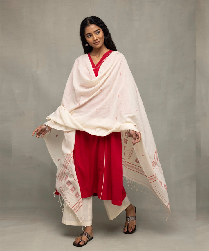 Red white jamdani pujo kurta set with dupatta