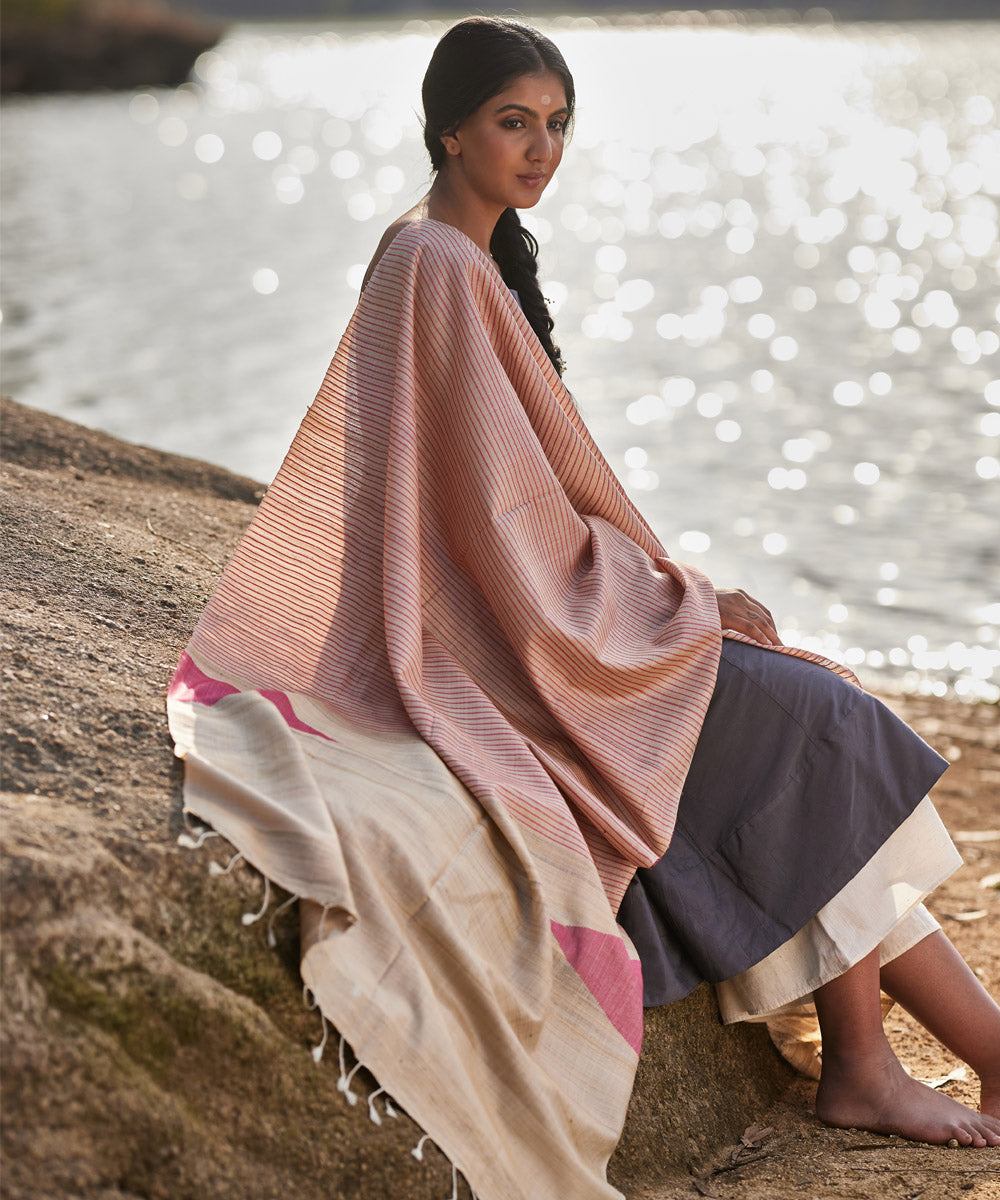 Beige pink temple striped handwoven kosa silk dupatta