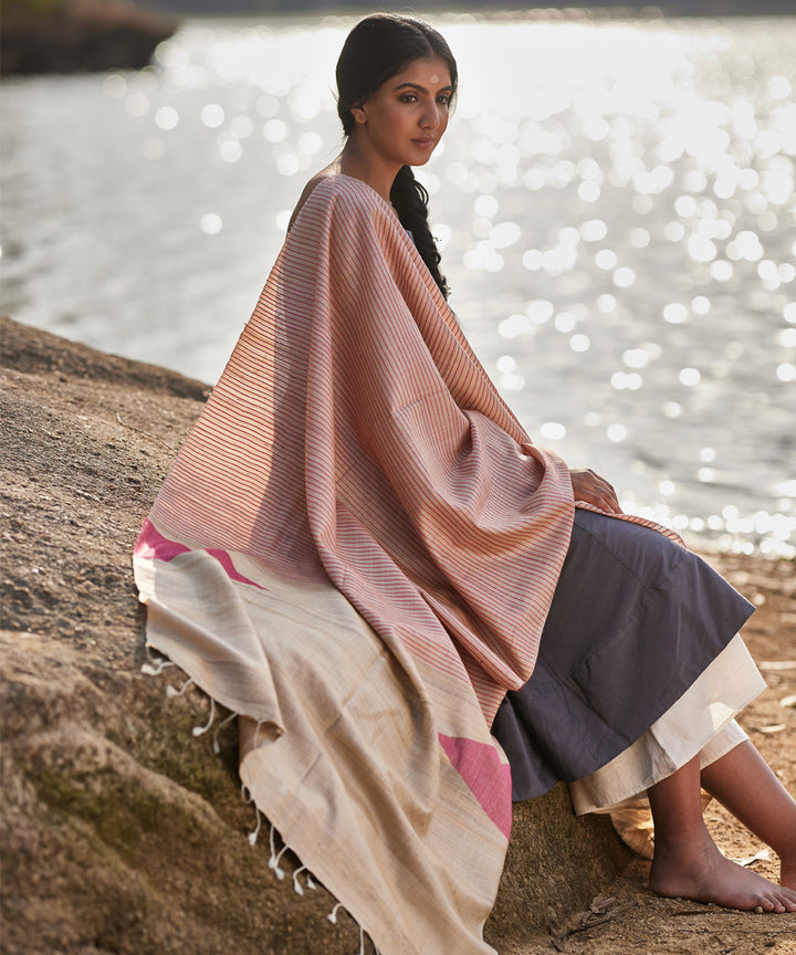 Beige pink temple striped handwoven kosa silk dupatta