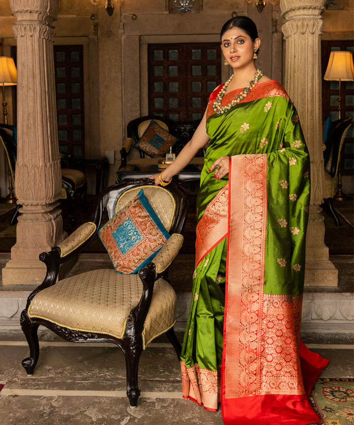 Parrot green silk handwoven banarasi saree
